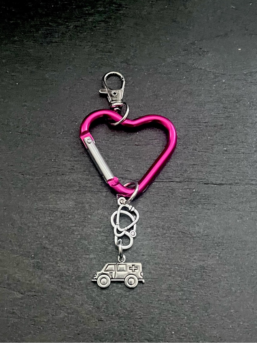 Pink Heart Carabiner Keychain with Ambulance Charm